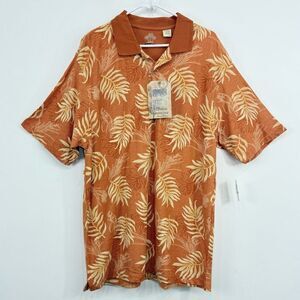 Arrow Island Palm Print Orange Cream Quarter Button Polo Shirt NEW